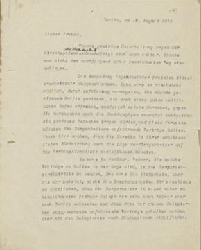 Brief von Walther Rathenau an Hugo Preuß vom 18. August 1919